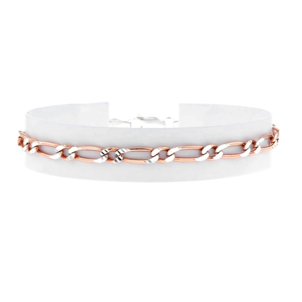 Ross Simons Diamond Cut Sterling Silver Rose Gold Figaro Bracelet - Picture 1 of 7